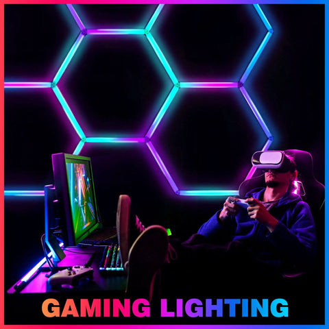 Gaming room with 24 Pack Remote Hexagon RGB LED Panels Ceiling Lights With 358 Modes IP54 for immersive experience