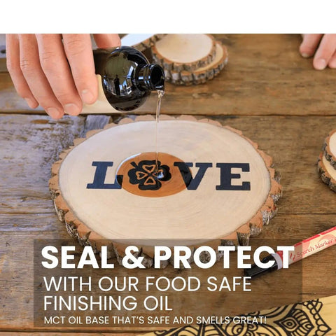Wood slice with 'LOVE' design made using Wood Burning Marker Kit For Adults, No Soldering Needed, 2 In 1 Pyrography Tool.