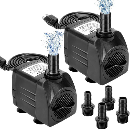 2-Pack 550GPH Submersible Pump 30W Ultra Quiet Fountain Water Pump 2000LPH with 7.2 Ft Lift and 3 Nozzles