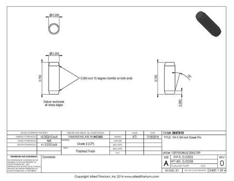 Rock Solid 1/4 By 3/4 Inch Dowel Pins, Pack Of 10, True Titanium Grade 2, technical drawing with measurements and details.