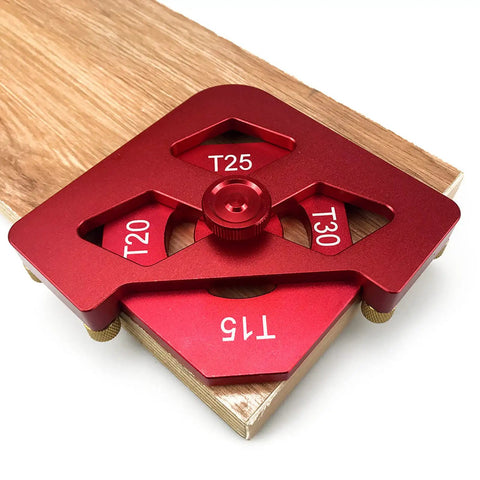 Heavy Duty Aluminum Router Template And Top Shelf Woodworking Chamfer Jig Kit positioned on wooden board showcasing T20, T25, T30 guides.