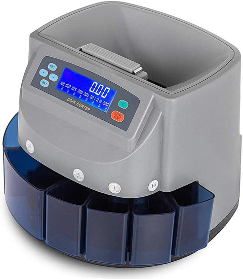 Pro Level Automatic Us Coin Sorter And Lcd Counter tackles dimes quarters nickels pennies and dollars with LCD display and hopper.