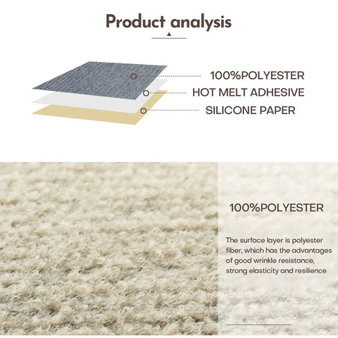 Peel And Stick Carpet Tiles 12 By 12 Self Adhesive Floor Mats Black Anti Slip Multi Purpose Diy Friendly Easy To Install And Clean 120 Tiles Covering 120 Sq Ft For Any Room, product layers analysis showing 100% polyester, hot melt adhesive, and silicone paper.