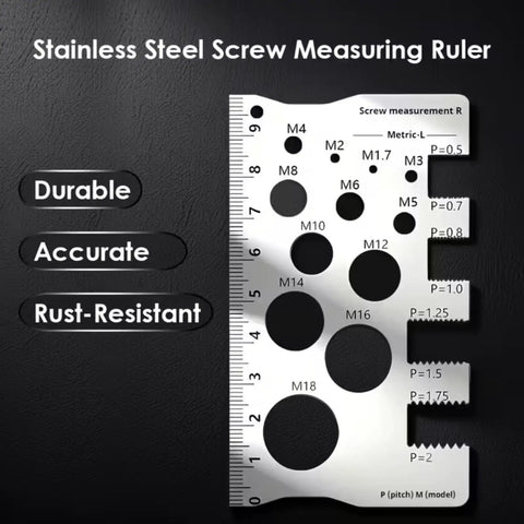 Sturdy Stainless Steel Screw Measuring Ruler With Precision Thread And Distance Gauge For Screws Bolts And Nuts, Durable Rust Resistant Thickened Forged Design For Easy Read, Quick Fits, And Accurate Sizing. stainless steel screw measuring ruler with M2-M18 thread holes and pitch gauge