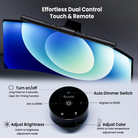 Quntis Monitor Light Bar ScreenLinear LED Lamp with Auto Dimming Ra98 No Glare Blue Light Free Flicker Free USB Desk Light for Eye Care showing touch remote control and mounting on monitor