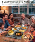 Family enjoying meal with Roll Up Food Warmer Mat With 15W Wireless Charger And Quick Heat, 34 by 15 Inch Extra Large Buffet Warmer For Parties.