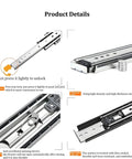 Features of Heavy Duty 46 Inch Drawer Slides With Lock, 480 Pound Capacity, highlighting safety lock and corrosion resistance.