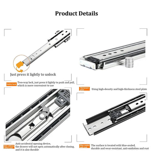 Features of Heavy Duty 46 Inch Drawer Slides With Lock, 480 Pound Capacity, highlighting safety lock and corrosion resistance.