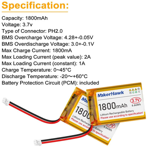 Two-Pack 3.7V 1800mAh LiPo Battery With JST 2.0 Plug Includes 1A USB Charger Cable And Protection Board specifications