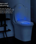 Premium Heated Elongated Toilet Seat With Built In Led Nightlight And Three Warmth Settings glowing in dim bathroom.