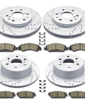 Front And Rear Beefed Up Drilled And Slotted Brake Kit With Rotors And Ceramic Pads For Cadillac Escalade Tahoe Silverado 1500 GMC Yukon Built For Big Stops And Smooth Daily Cruising, showing drilled-slotted rotors and ceramic pads.