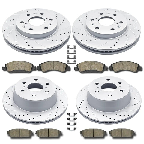 Front And Rear Beefed Up Drilled And Slotted Brake Kit With Rotors And Ceramic Pads For Cadillac Escalade Tahoe Silverado 1500 GMC Yukon Built For Big Stops And Smooth Daily Cruising, showing drilled-slotted rotors and ceramic pads.