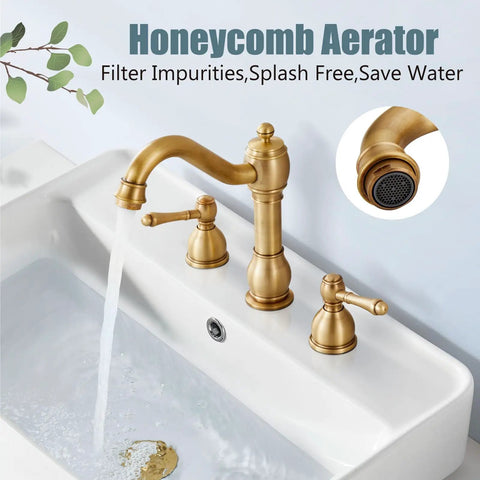 8 Inch Widespread Bathroom Sink Faucet With 3 Hole Deck Mount Vanity Mixer Tap Pop Up Drain Antique Brass Double Lever Handle All Metal Brass Construction Rustproof And Easy To Install shown over white sink