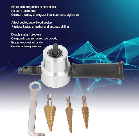 Double Head Nibbler Cutter With Cobalt Step Drill Bits, Aluminum Alloy Metal Cutting Attachment For Electric Drill with bits and handle