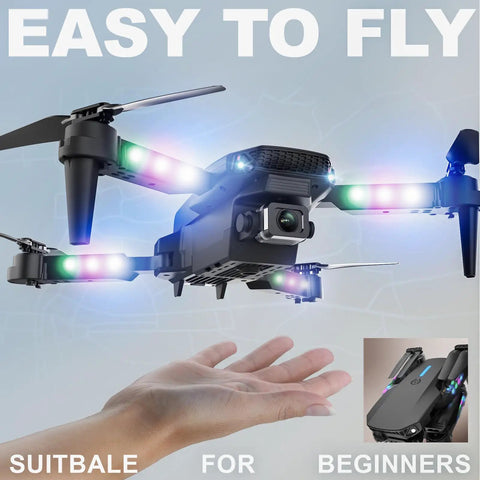 1080P HD Camera Foldable Mini FPV Drone with LED lights, hovering above a hand, showcasing easy flight and compact design.