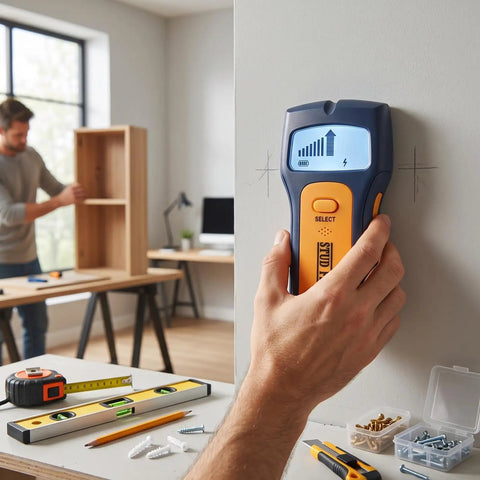 Fafeicy Stud Finder Wall Scanner, Dual Sensor Chip LCD Display used to locate studs on a wall with close-up hand detail.
