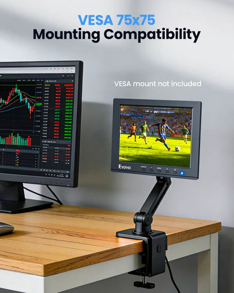 8-Inch Security Camera Monitor With HDMI VGA BNC AV USB Inputs, mounted on desk with VESA 75x75 compatibility