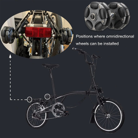 Brompton Omni Directional Wheels installation on folding bike with 58mm easy wheels, showcasing versatility and maneuverability.