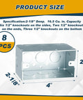 8 Pack 4 By 2 Inch Metal Electrical Boxes, 2-1/8 Inch Deep Square Junction Box, 16.5 Cu In Capacity, Galvanized Steel