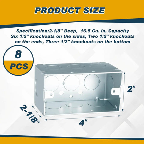 8 Pack 4 By 2 Inch Metal Electrical Boxes, 2-1/8 Inch Deep Square Junction Box, 16.5 Cu In Capacity, Galvanized Steel