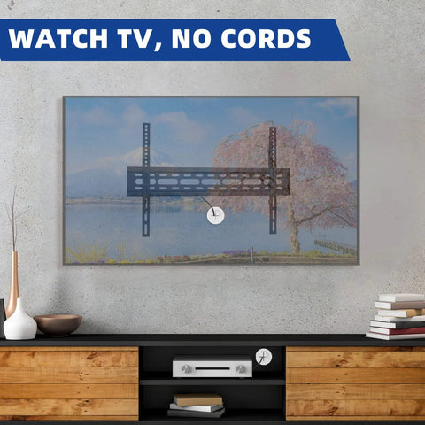 In Wall TV Cable Management Kit For Wall Mounts White Finish installed with hidden cords behind mounted TV on plaster wall.
