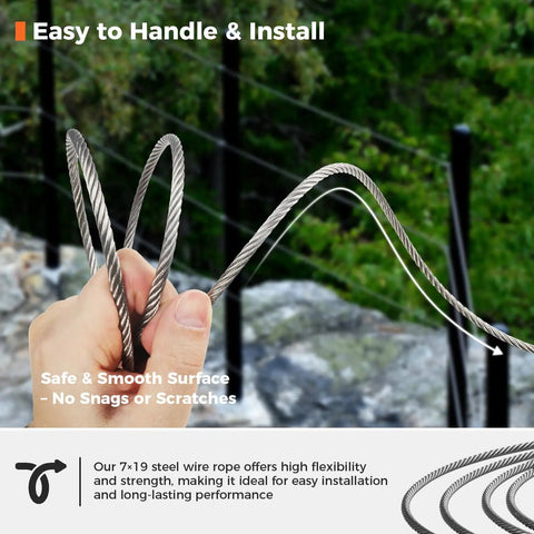3/16 Inch 500 Ft Stainless Steel Wire Rope 304 7x19 in hand, showcasing flexibility and weather resistance for various uses