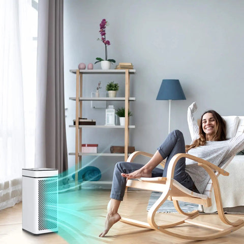 Woman relaxing in chair with MA40 air purifier, showing Replacement Filter For MA40 Air Purifier 3 In 1 Pre Filter H13 HEPA Activated.