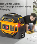 Pro Grade Digital Laser Tape Measure Workhorse 60 Meter 197 Ft Range Auto Lock Distance Meter with digital display and laser light.