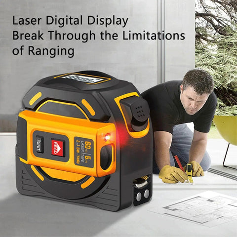 Pro Grade Digital Laser Tape Measure Workhorse 60 Meter 197 Ft Range Auto Lock Distance Meter with digital display and laser light.