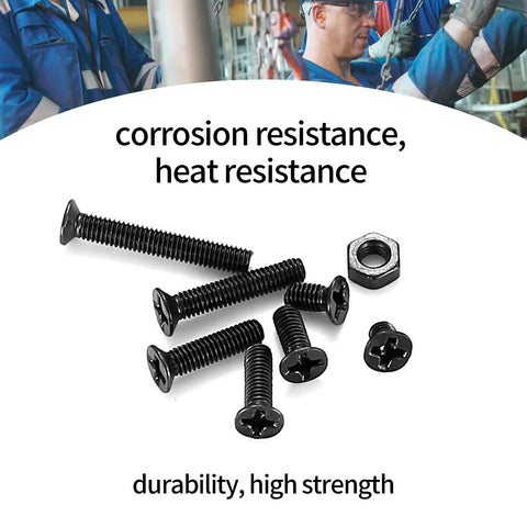Badass M3 Flat Head Phillips Screws And Hex Nuts Assortment Kit With 380 Pieces, showing black carbon steel screws and a nut.