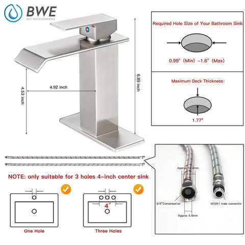Swanky Brushed Nickel Waterfall Bathroom Faucet With Single Handle For Modern Sinks And 1 Or 3 Hole Installations, dimensions and supply lines shown
