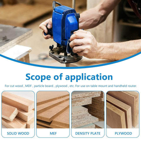 Person using a table-mounted router on plywood, showcasing material compatibility for Six Piece Round Nose Router Bit And 90 Degree V Groove Router Bit Set With One Quarter Inch Shank For Cove Box And Juice Groove Cuts In CNC Woodworking Tools.