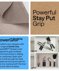 Pro Level Non Adhesive Cabinet Liner For Drawers And Shelves, Extra Grip Anti Slip Paper In Smooth Beige close-up with tools organized.