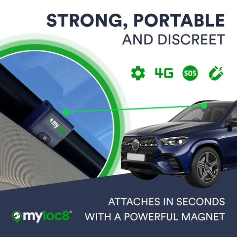 Keep Your Ride Secure With This Heavy Duty Magnet GPS Tracker Featuring Free 4G LTE Tracking App shown on a car interior.