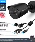 Outdoor Full HD 1080P Bullet Security Camera Quadruple 4 In 1 HD CVI TVI AHD Analog 2 Megapixel Night Vision, black camera with connectors.