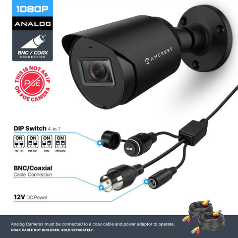 Outdoor Full HD 1080P Bullet Security Camera Quadruple 4 In 1 HD CVI TVI AHD Analog 2 Megapixel Night Vision, black camera with connectors.