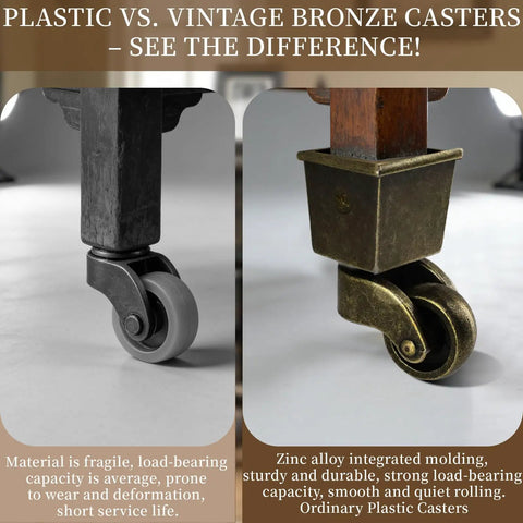 Comparison of plastic vs vintage bronze caster wheels with description of durability and functionality.