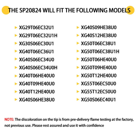 Thermopile SP20824 compatibility chart for pilot burner; two-column list of compatible model codes.