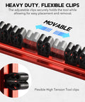Close-up of Magnetic Tool Organizer Rack for Screwdrivers and Wrenches, Heavy Duty Aluminum Rails with Strong Sliding Clips