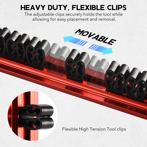Close-up of Magnetic Tool Organizer Rack for Screwdrivers and Wrenches, Heavy Duty Aluminum Rails with Strong Sliding Clips