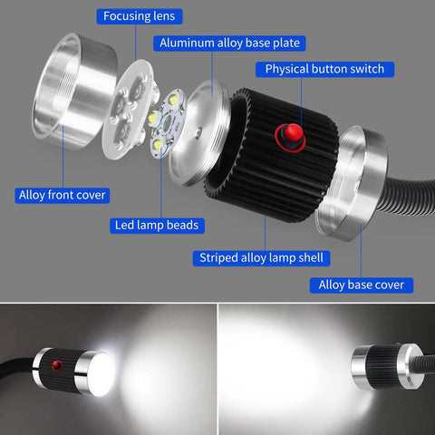 Ultra Bright Magnetic LED Work Light With Flexible And Magnetic Base For Lathe Workbench Sewing Machine Grill And Bandsaw 900 Lumen 10W Shop Tool Lamp Black For Industrial Projects Boss Grade diagram showing components with aluminum alloy parts and LED beads.