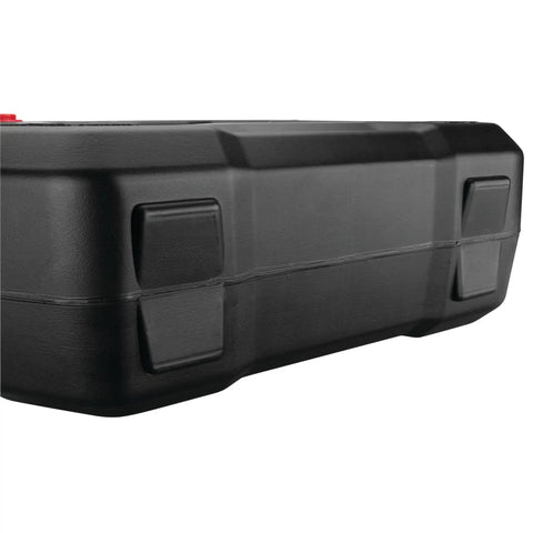 Side view of Two In One 16 Quart Oil Drain Container with deep drain well and black heavy duty design