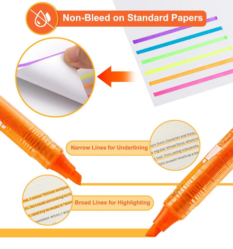 Six Pack Liquid Highlighters With Vibrant Assorted Colors And Clear View Design showing chisel tip and non-bleed lines.