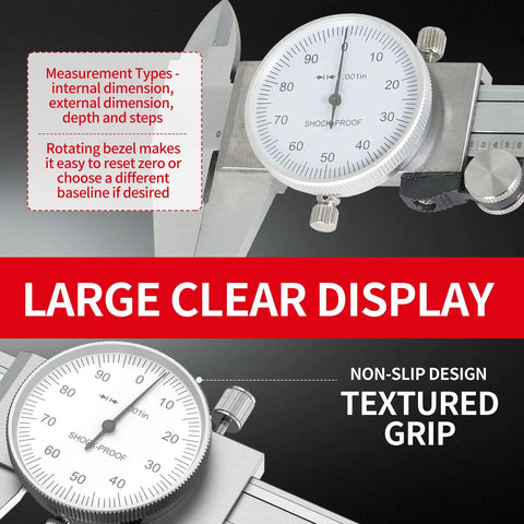 0-6 Inch Dial Caliper Measuring Tool In Imperial Stainless Steel With 4 Way Inside Outside Depth And Step Measurements, 0.001 Inch Precision, Shockproof Design, Includes Plastic Case with large clear display and textured grip.