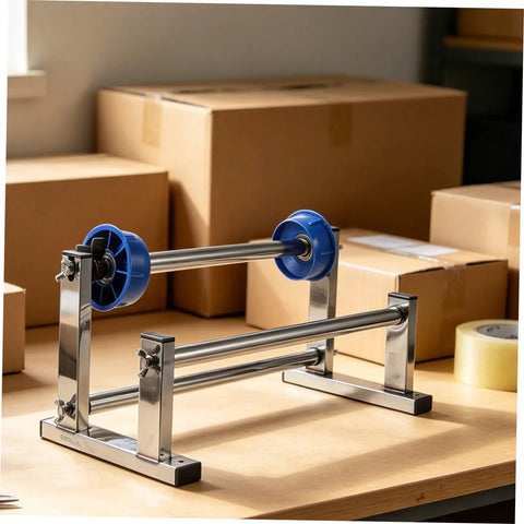 Manual Film Roll Holder For Cargo Wrapping, Lightweight Metal Plastic Unwinding Frame, Hand Operated Dispenser For Warehouse Storage, Stable, Easy Reel Changes, Keeps Wrapping Tight And Cargo Secure Through Heavy Packing. Blue reel holder on tabletop