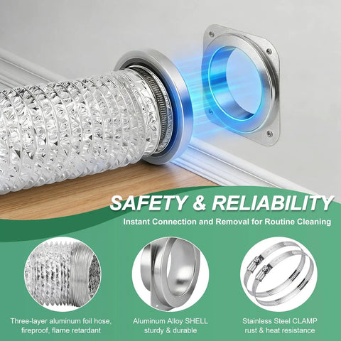 Magnetic Dryer Vent Connector Kit With Airtight Seal, showing aluminum hose and magnetic mount for 4 inch duct quick connect.