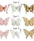 Variety of Type B, F, and G butterflies in gold, silver, rose gold from 180 Pcs 3D Butterfly Wall Decor Kit In Gold Silver Rose Gold With 3 Styles And 3 Sizes Removable Wall Decals For Cake Decorating Weddings Parties DIY Cosplay Perfect For Home Decor