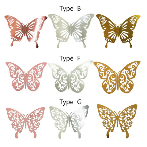 Variety of Type B, F, and G butterflies in gold, silver, rose gold from 180 Pcs 3D Butterfly Wall Decor Kit In Gold Silver Rose Gold With 3 Styles And 3 Sizes Removable Wall Decals For Cake Decorating Weddings Parties DIY Cosplay Perfect For Home Decor