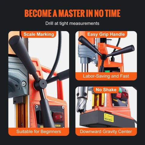 Heavy Duty Magnetic Drill Press Featuring A Badass 1300 Watt Motor Delivering Rock Solid 2810 Lbf Pull Force To Rip Through Thick Steel Plates Like Butter Daily with scale markings and easy grip handles.