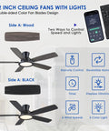 52 Inch Flush Mount Ceiling Fan In Matte Black With Rgb Lighting And Led 3Cct Dimmable Bulbs featuring double-sided wood and black fan blades.